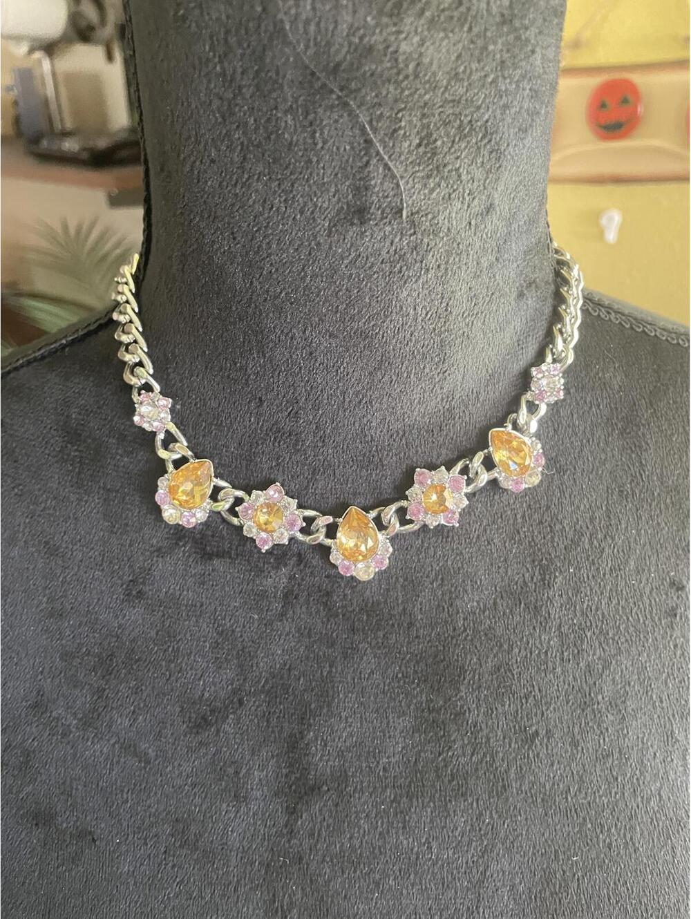 Vintage Vera Wang Chain Pink Yellow Rhinestone Necklace